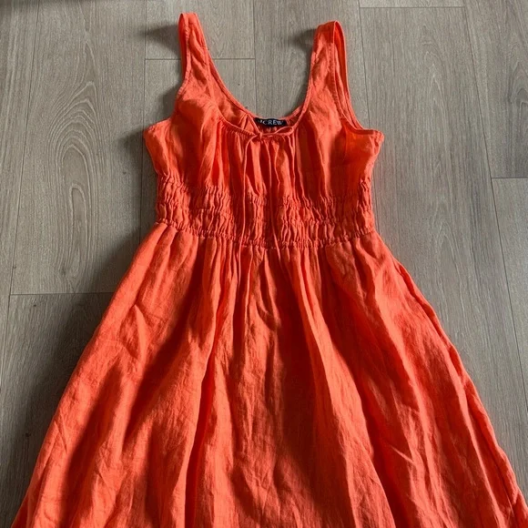 J.Crew Smocked Midi 100% Linen Dress in Tangerine Orange sz. M - Picture 5 of 8